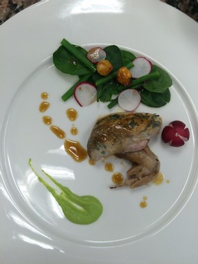 Proposed Starter: Roasted quail scored with aromatic herbs and bathed in its jus. On the side, a green salad and pea purée.